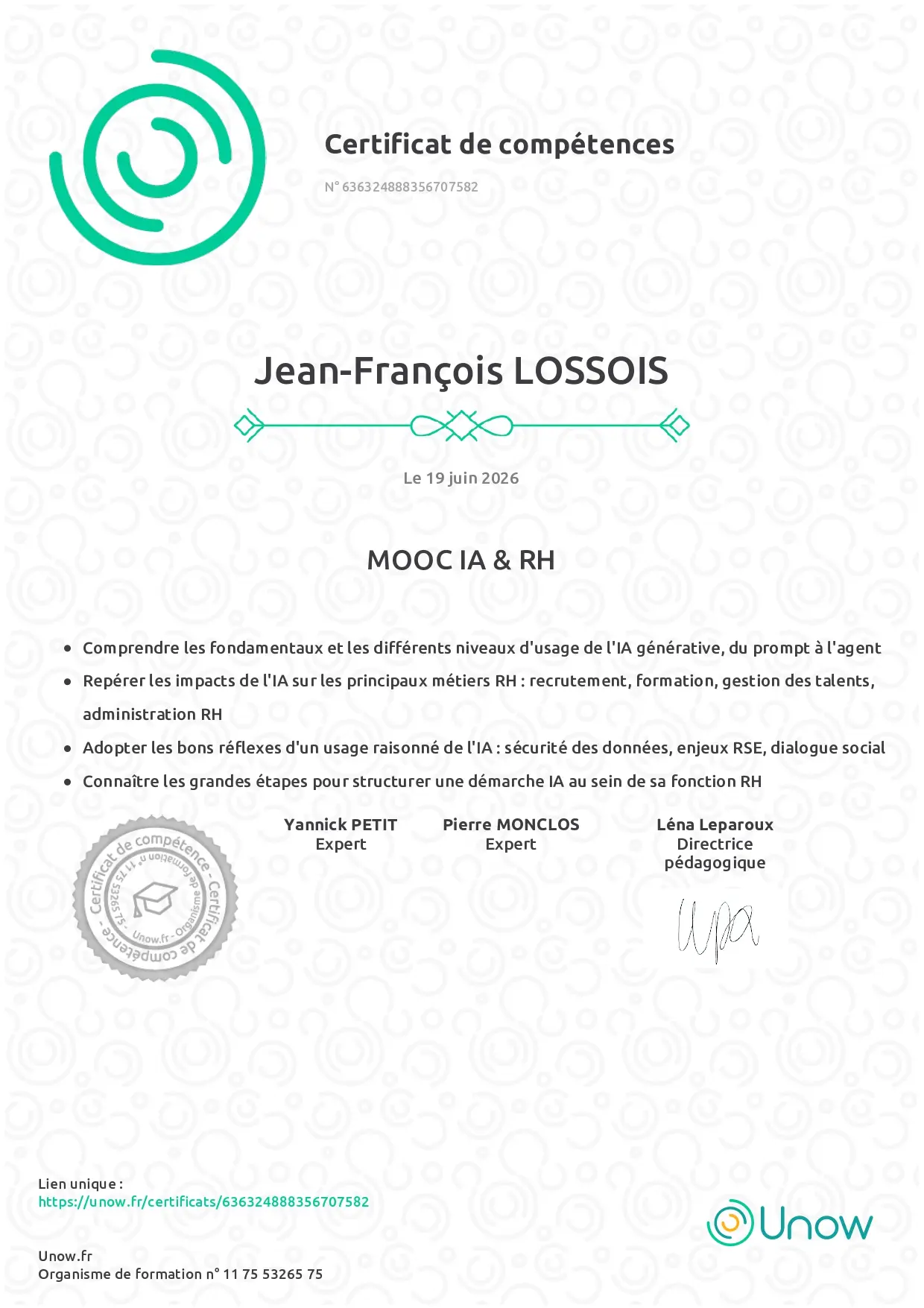 certificate_MOOC_UNOW-2026-IA&RH Certificat de compétences IA & RH - IA raisonnée attribuée à Jean-François Lossois par Unow