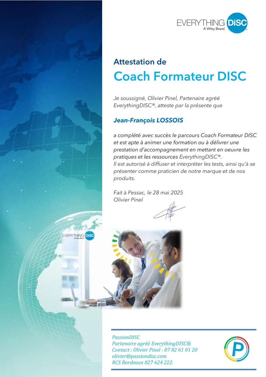 certification-Everything DISC Attestation de Coach Formateur DISC attribuée à Jean-François Lossois par Passion DISC
